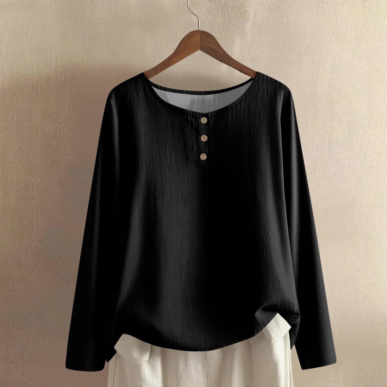 

Женская модная и повседневная рубашка с длинным рукавом, круглым вырезом, однотонная, из хлопка и льна, блузка-топ M