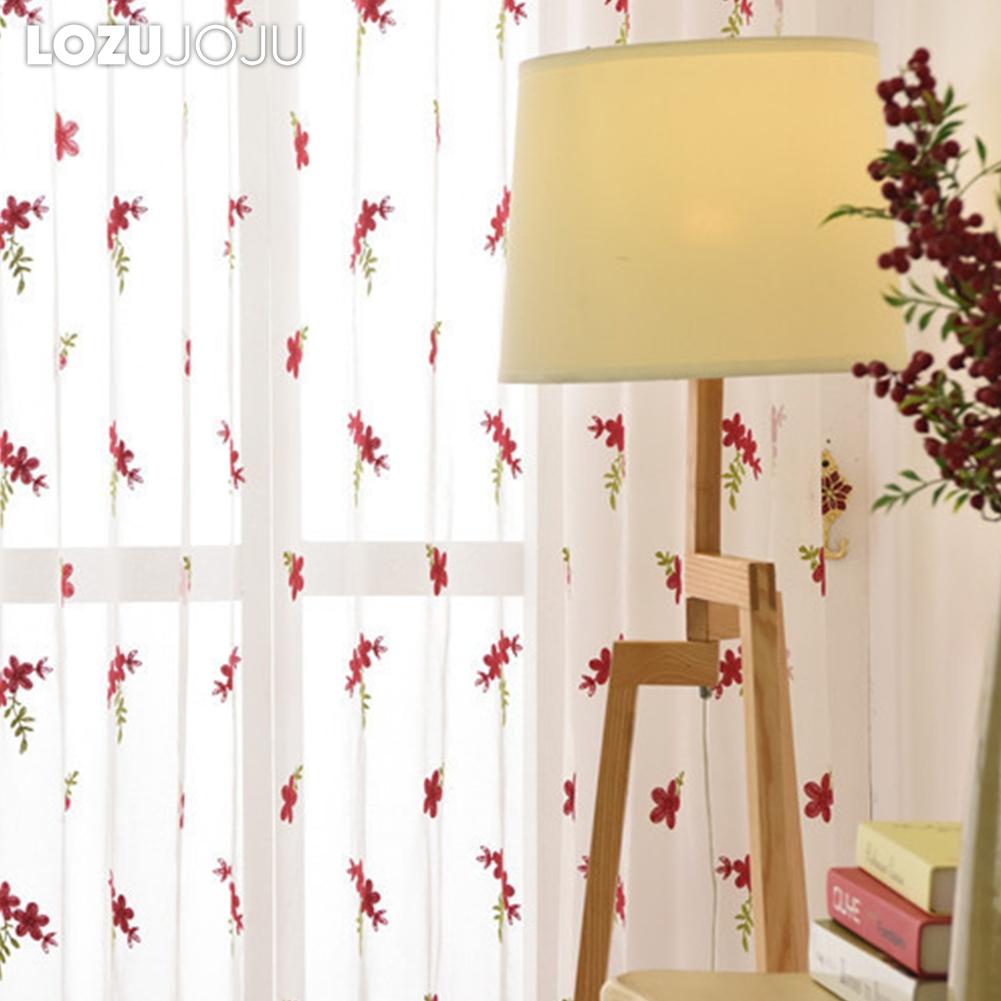 1PC LOZUJOJU Exquisite and Versatile Pastoral Style Red Floral Embroidered Sheer Curtain Tulle for Living Room Bedroom Window Decoration Home Decor