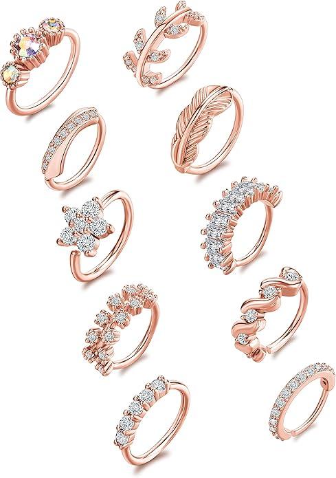 10Pcs Nose Ring Hoop Paved Flower Leaf Feather CZ Cartilage Earrings Nose Piercing Jewelry for Women Men Gold Tone 20G