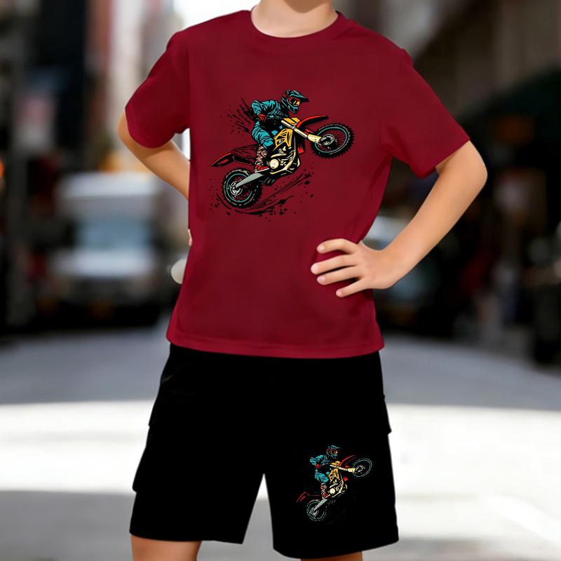Boys 2 Piece Motorcycle Print Outfit, Short Sleeve T-Shirt and Shorts Set for Kids Age 5-14,Black and White Sporty Casual Summer Clothes