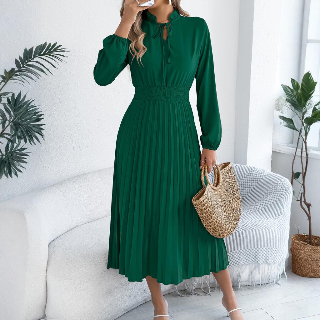 Women's Fashionable Casual Loose-Fit Tie-Waist Bell-Sleeve Pleated Dress