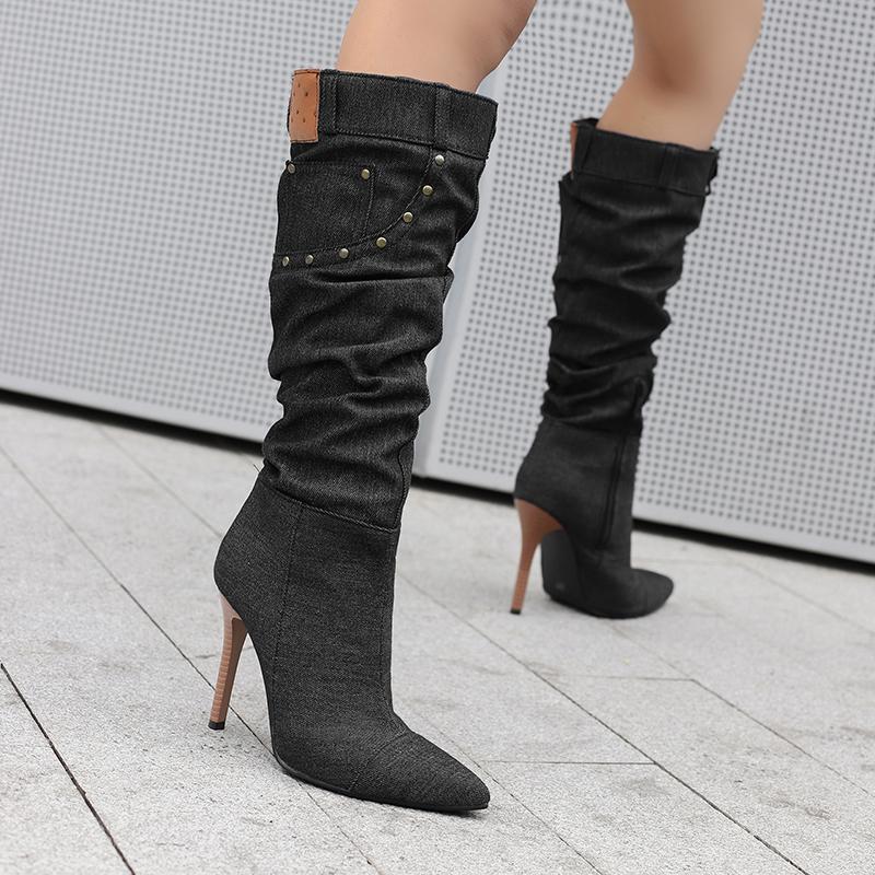Women's High-heeled Boots Sexy European and American Style Pointed-toed Thin-heeled Large-size Cowboy Mid-boots