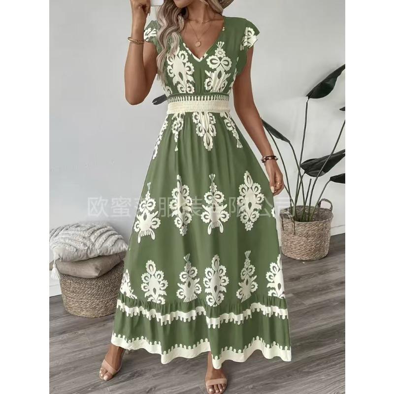 Europe, America spring and summer new women's clothing holiday wind beach skirt printed V-neck pendulum dress
