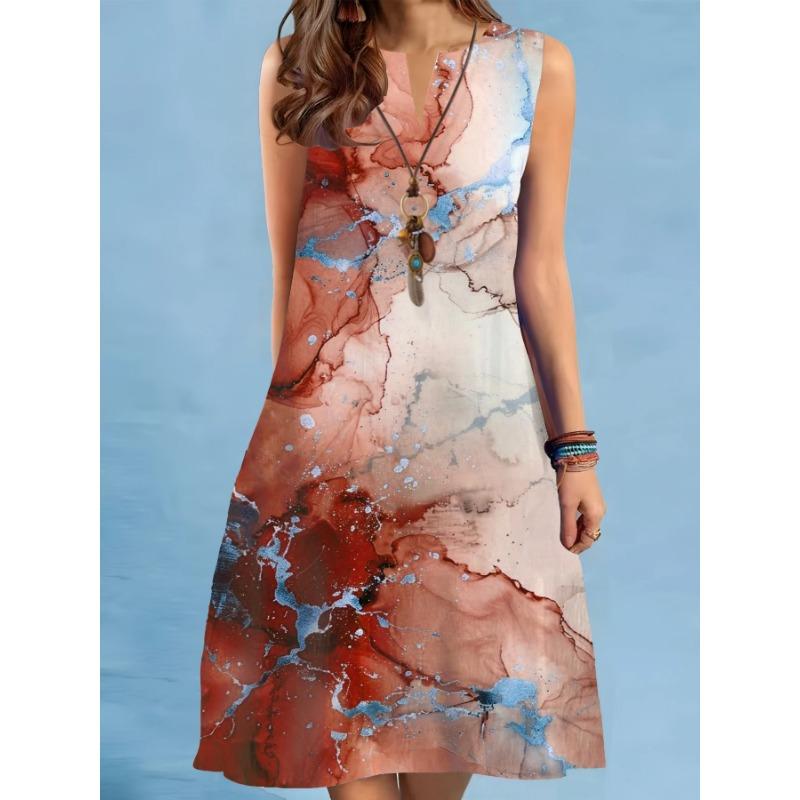 Summer Print A-Line Dress Women Casual Sexy Sleeveless V-neck Loose Mini Dress Elegant Landscape Oil Painting Dress Vestidos