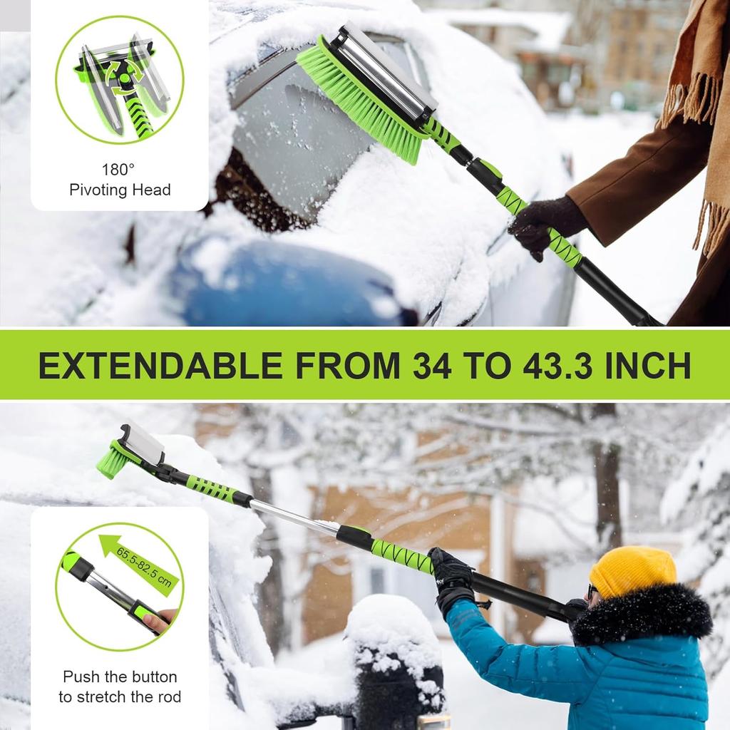 Yougfin 43" Ice Scraper For Car Windshield, Snow Brush With Squeegee, 3 In 1 Snow Removal For Cars With Foam Grip And 180° Pivoting Brush Head For