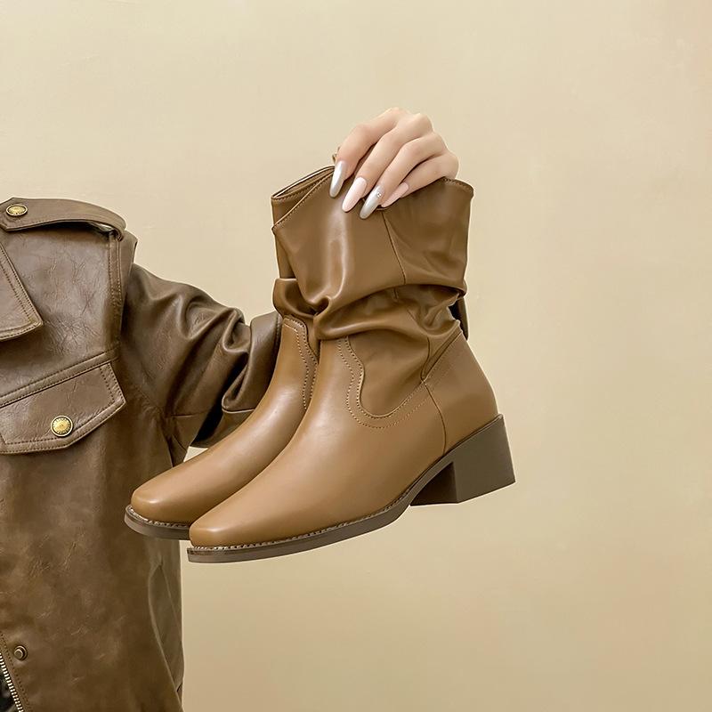 Retro Style Square Head Thick Heel Fashion Short Boots Women's Autumn and Winter Fashion with Coat Short Tube Pile Pointed High Heel Thin Boots