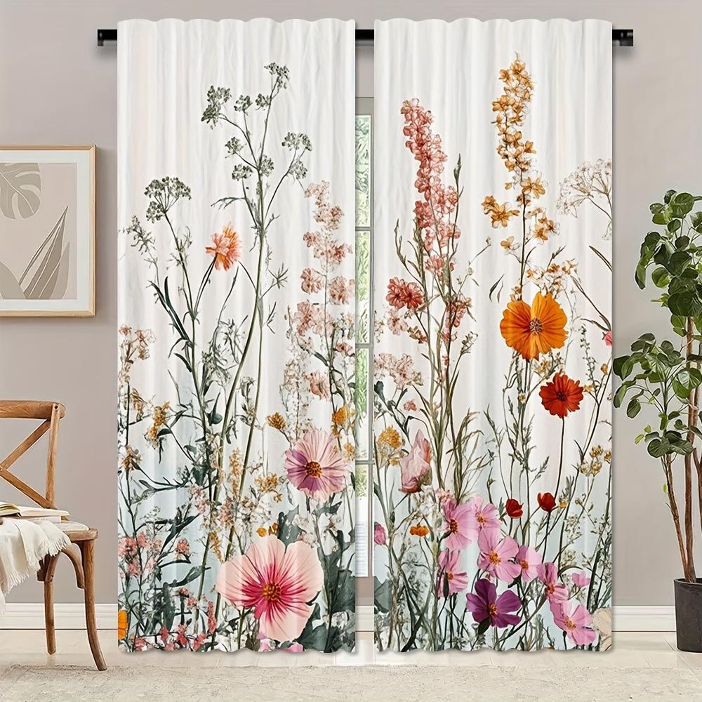 2pcs Rtic Floral Curtains with Green Leaf Design   Rod Pocket for Easy Hanging   Vibrant Wildflower Botanical Print for Bedroom
