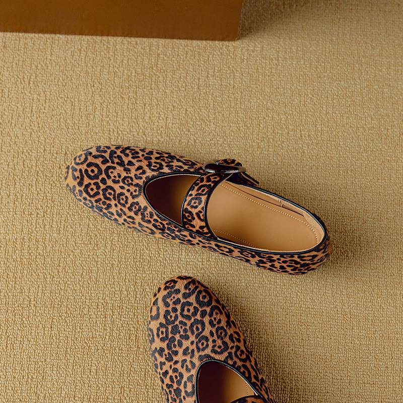 Krazing Pot Piele de Oaie Suedeză Vară Mărimea 40 păr de cal leopard mary janes Tocuri Joase vârf rotund Balerini eleganți decupați