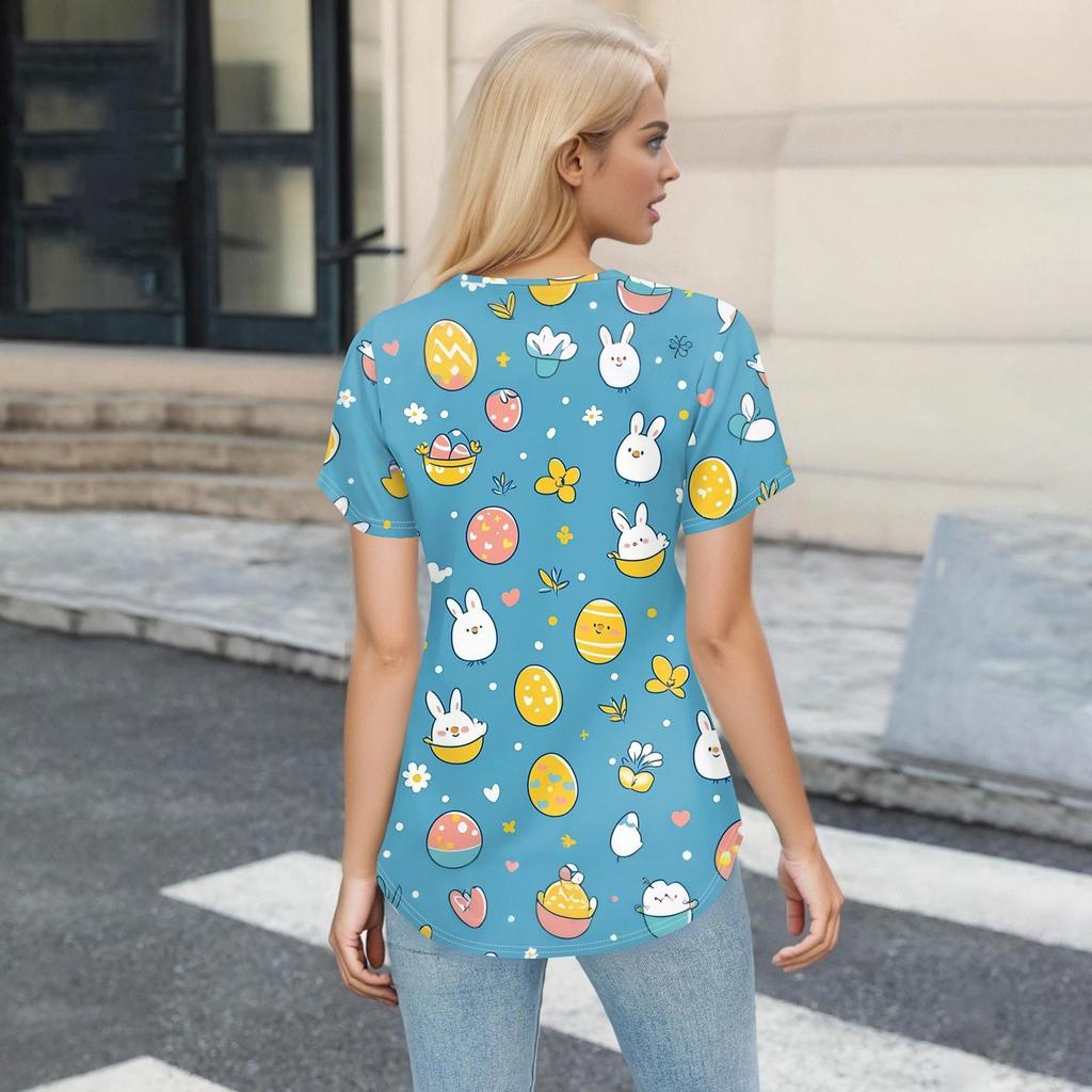 Women's Fashion V-neck Short Sleeve Workwear With Pockets Printed Tops