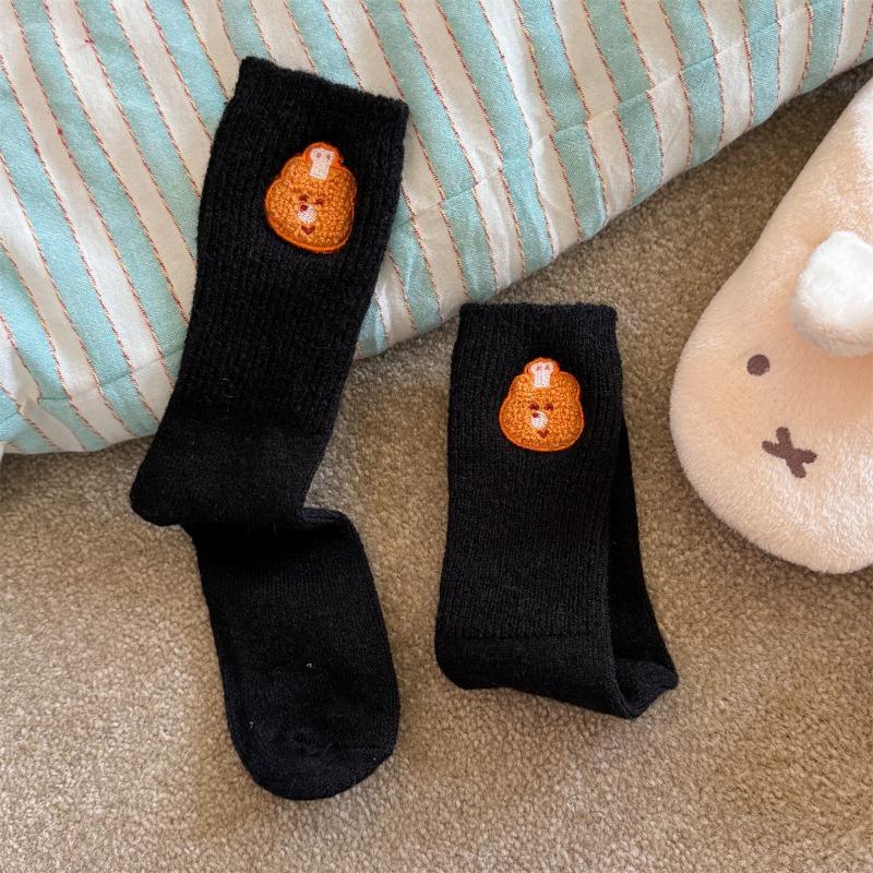 Thickened Wool Socks for Winter Warmth, Cute Cartoon Embroidered Mid-calf Socks, School-style Women's Socks, Dui Dui Socks