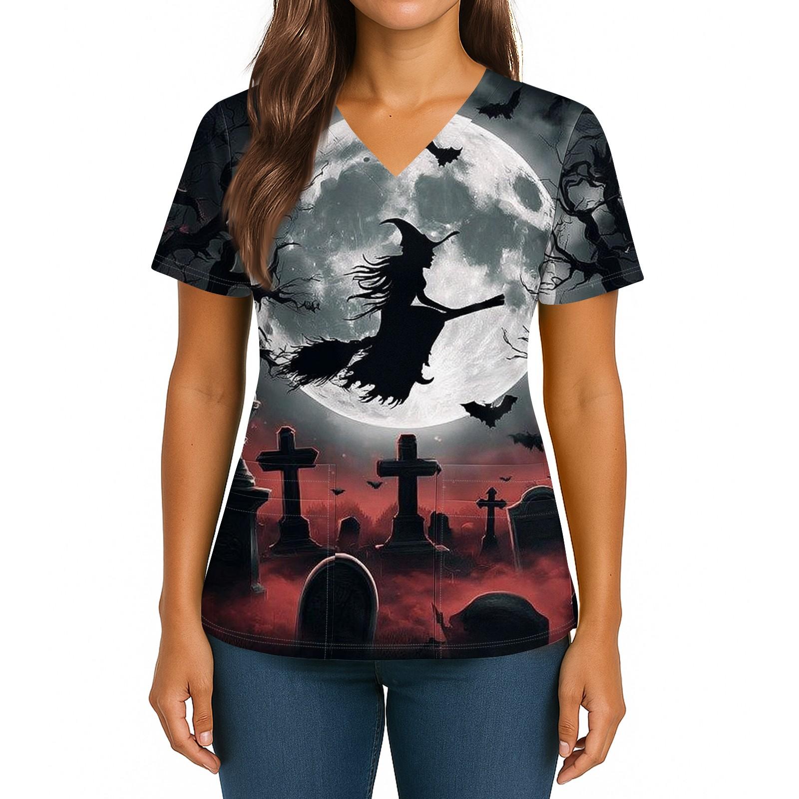 

Женский Хэллоуинский Принт V-образный вырез Двойной карман Короткий рукав Разрез по подолу Топ для униформы/сиделки XL белый