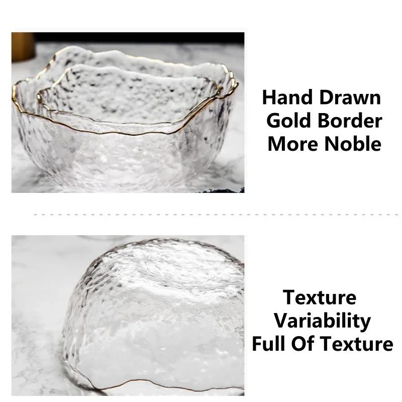 1PCS Glass Salad Bowl Irregular Gold Inlay Edge Fruit Rice Serving Bowls Food Storage Container Dessert Snack Mixing Bowl
