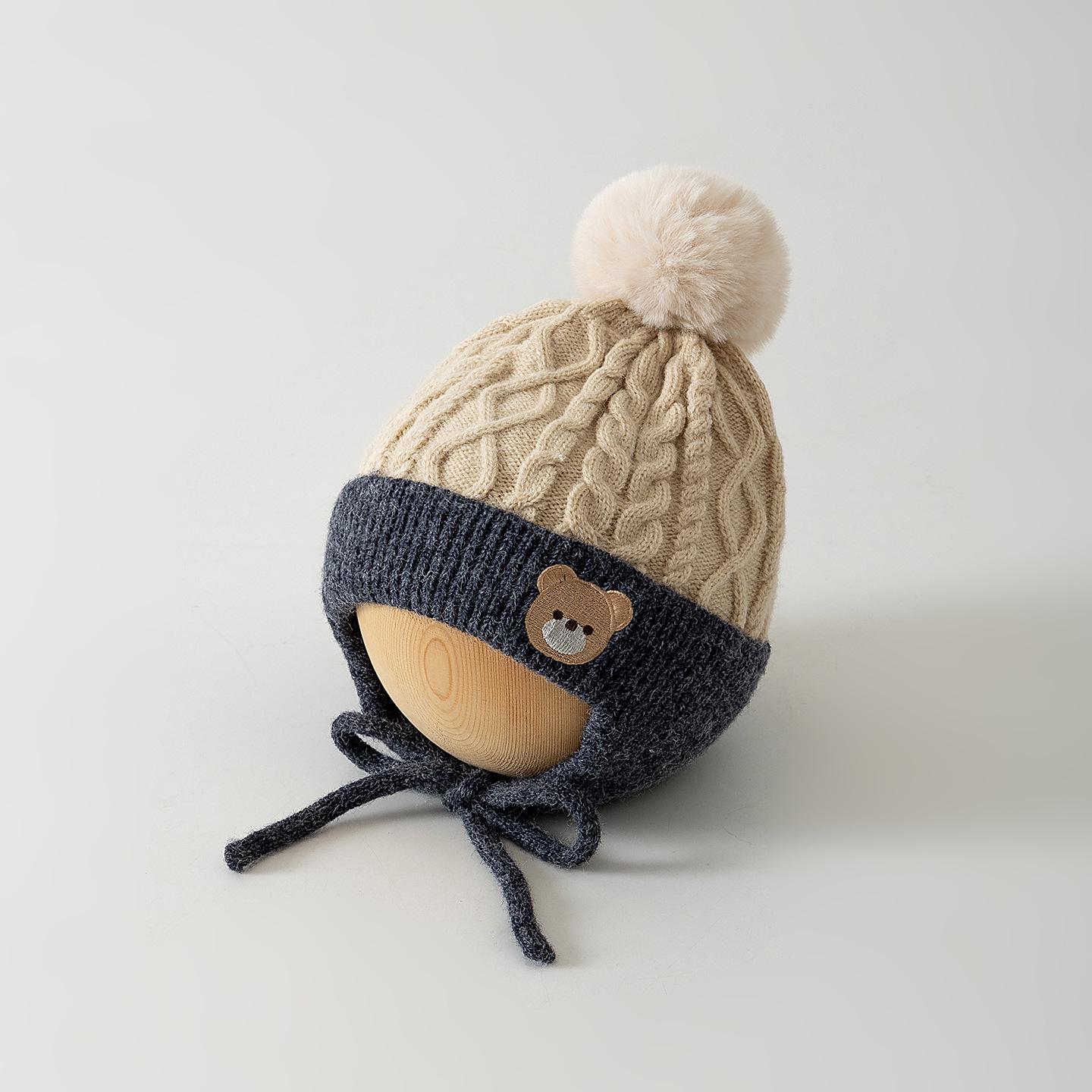 

Winter Pom Pom Earflap Knit Baby Hat for Boys & Girls - Thick, Warm, Woolen, Color Block Design темно-сірий