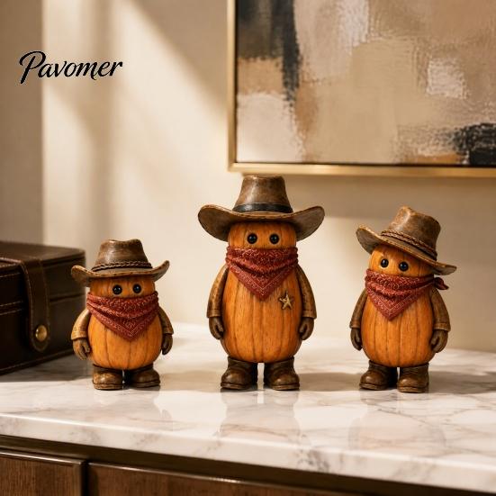 Kids Room Holiday Decor 3PCS Western Cowboy Pumpkin Figurine, Retro Man Statues with Hat, Cute Plastic Figurines Fall Thanksgiving Halloween Tabletop