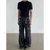 Blaexit American Retro Washed Black-Gray Denim Cargo Pants Multi-Pocket Heavy-Duty Bombshell Pants A-Line Wide-Leg Pants