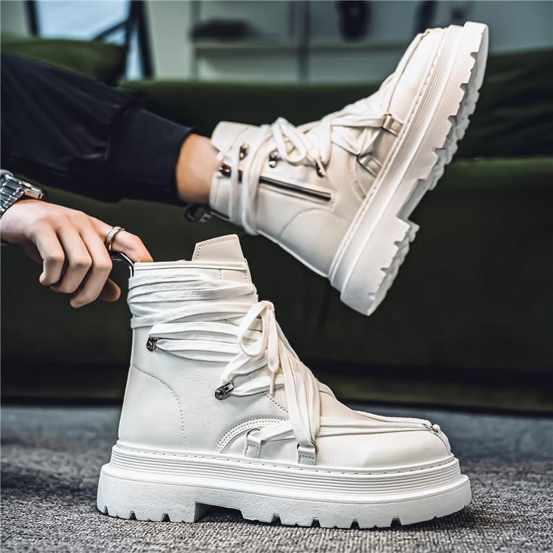 New Fashion Motorcycle Boots Men Strap Designer Men's White Boots Streetwear Platform Shoes Men Black Leather Short Barrel Boots