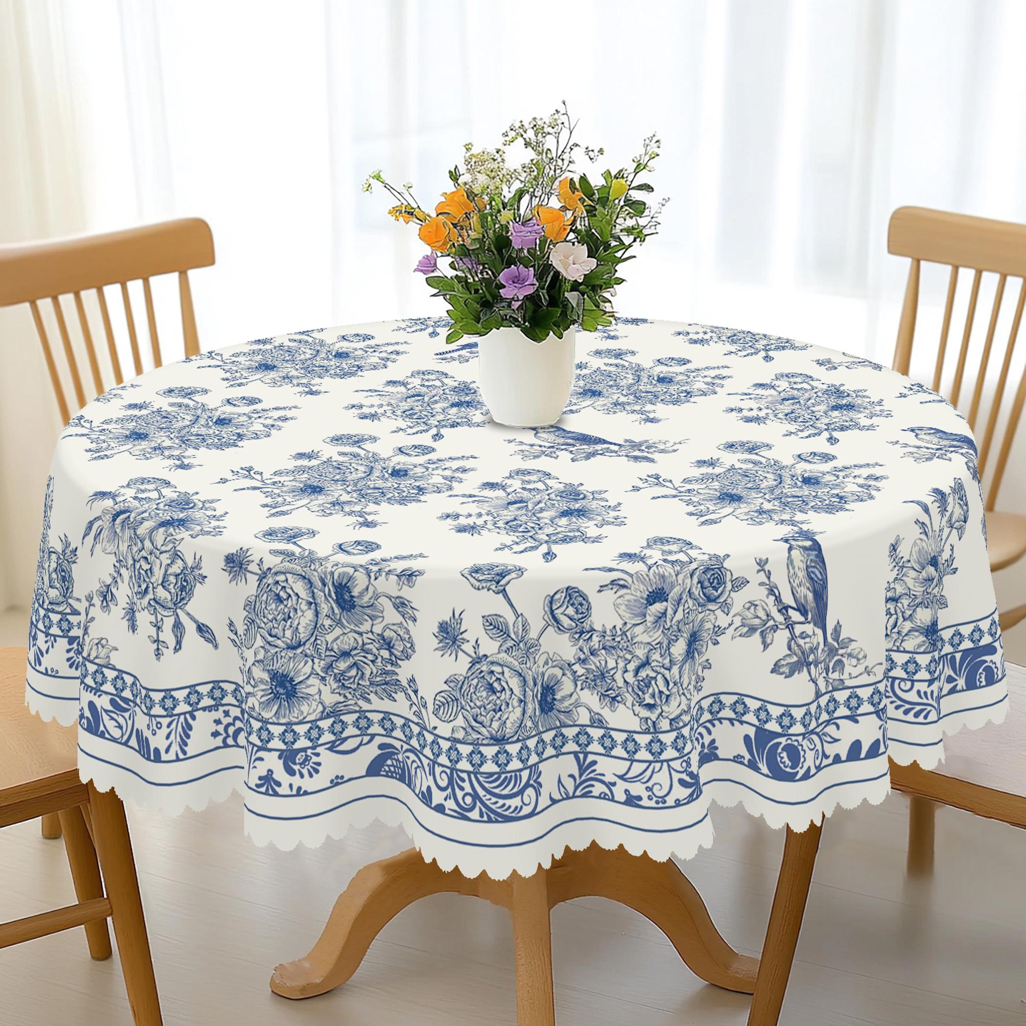 

1 Piece Of Vintage Floral-Themed Tablecloth, Featuring A Blue And White Porcelain Style Print With Floral And Bird Patterns, Available In Various Size Round (152)Cm