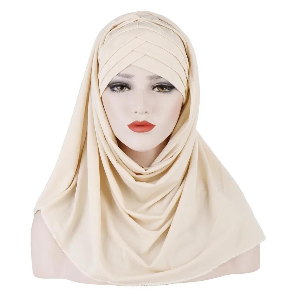Sofort-Hijab Jersey-Hijabs Für Frauen Kreuz Stirn Pailletten-Turban Muslimische Frauen Hijab-Schal Türkischer Baumwoll-Hijab Für Frauen