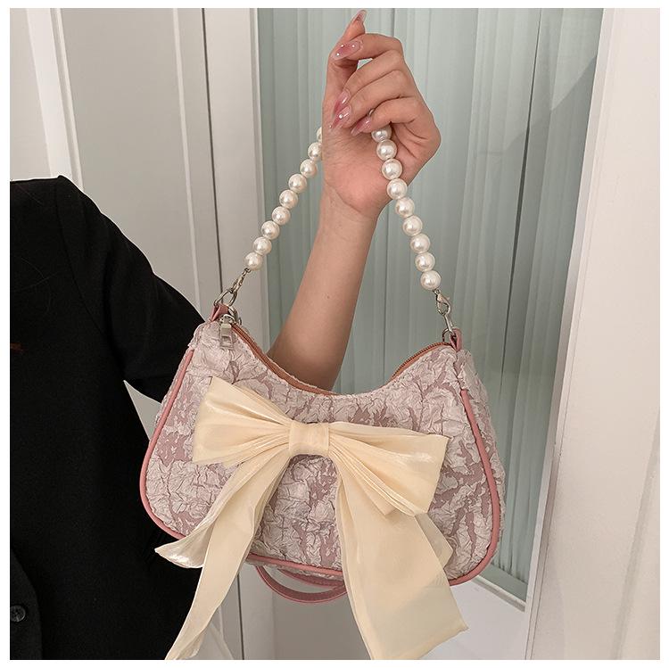 Women's Summer 2026 Trendy Crossbody Bag: Pleated Pearl Handbag with Cute Bow