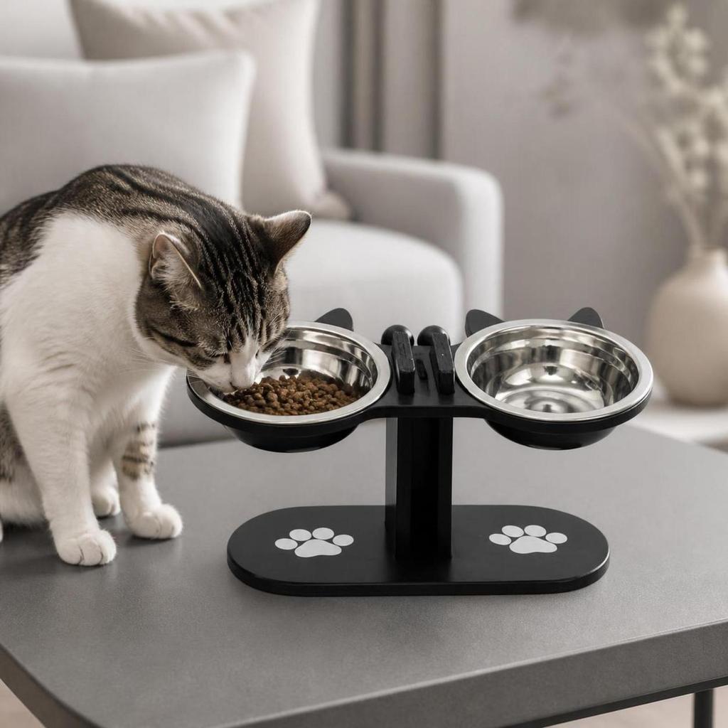 Wooden Pet Feeding Stand with Stainless-Steel Bowls Modern for Kitchen