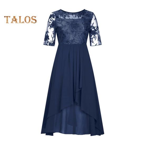 Damen Midikleid mit Blumenspitze, Sommerkleid mit Rundhalsausschnitt, Chiffon, Swing-Kleid, Cocktailkleid, Abendkleid, langes Kleid für Hochzeitsgäste, Brautjungfernparty