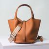 Leichter Luxus Echte Rindsleder Korb-Stil Eimer Tasche Neu für Damen Silberfarbener Schlossverschluss Oberer Griff Handtasche, KEIN LOGO