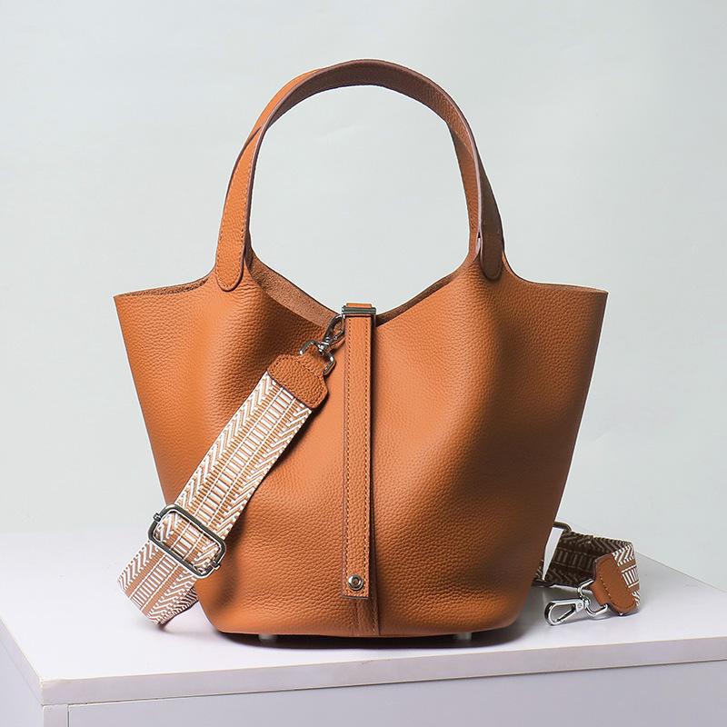 Leichter Luxus Echte Rindsleder Korb-Stil Eimer Tasche Neu für Damen Silberfarbener Schlossverschluss Oberer Griff Handtasche, KEIN LOGO