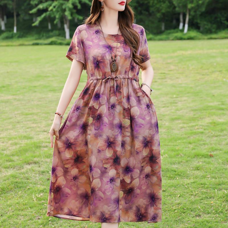 Plus Size Women's Long Dress Summer  Short Sleeve Vintage Print Dress for Women