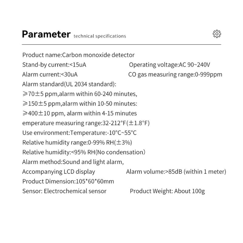 High Sensitivity Carbon Monoxide Alarm Integrated Temperature Moisture Sensors And 85dB Alerts System for Home Office
