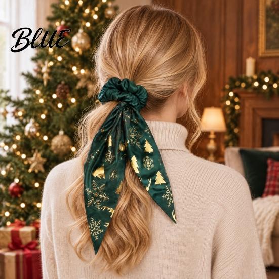 Christmas Party Hair Decorations Scrunchies with Bows Soft Satin Elastic Ties for Women Holiday Gift Accessories Snowflake Elk Tree Print