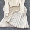 Fashion Autumn Knitted Twist Sweater Preppy Style Girls Outfits Women Single Breasted Coat Jacket+ Mini Pleated Skirt Two Pieces Set