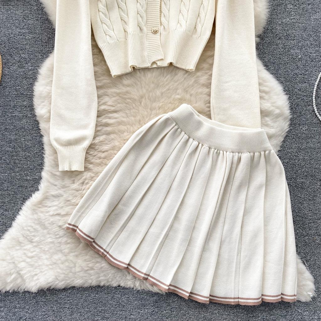 Móda Podzimní Pletený Twist Svetr Dívčí outfity Preppy Styl Dámské Single Breasted Coat Jacket+ Mini plisovaná sukně Sada dvou kusů