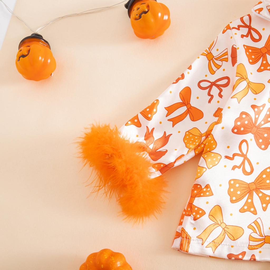 2025 Furry Halloween Pajama Set with Bowknot & Pumpkin Print - Two-Piece Turn-Down Collar Homewear