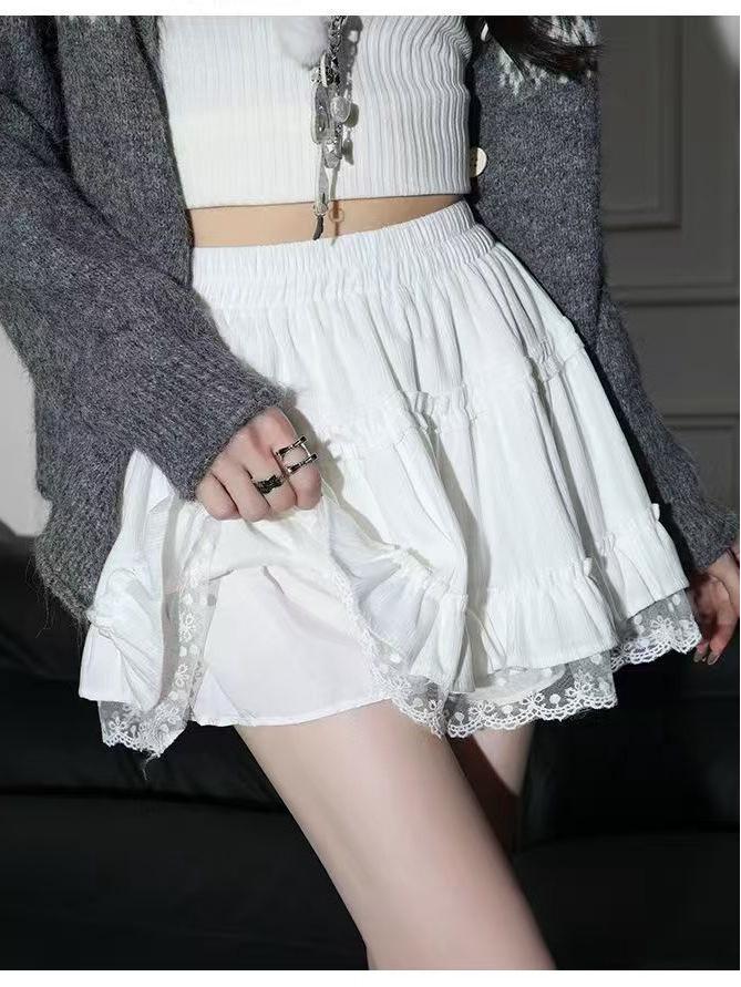 Lace-Trimmed A-Line Flare Skirt for Women - High Waist, Slimming, Sweet Style for Autumn/Winter 2025