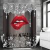 Sexy Rote Lippen Duschvorhang Mit Funkelnden Diamanten Und Let'S Get Naked Text Glamouröse Badezimmerdeko Wasserdichtes Stoffdesign
