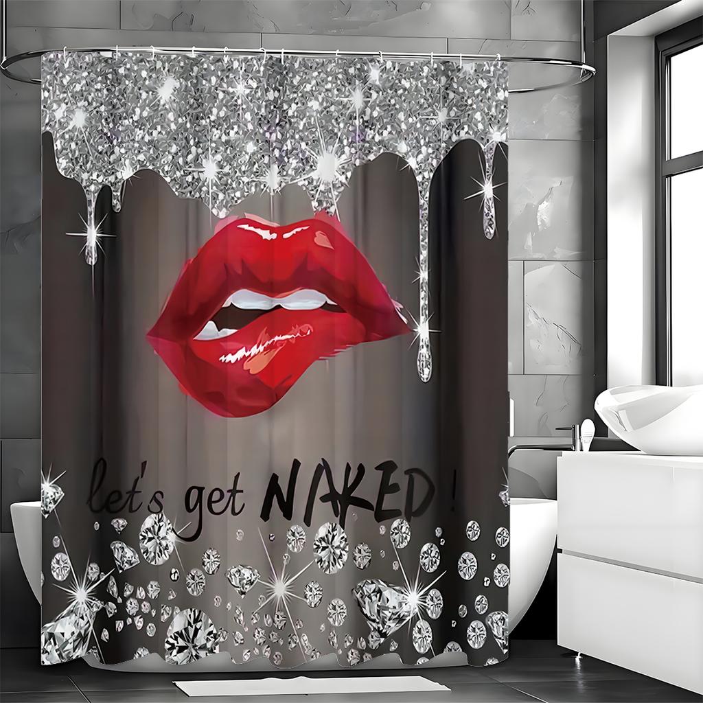 Sexy Rote Lippen Duschvorhang Mit Funkelnden Diamanten Und Let'S Get Naked Text Glamouröse Badezimmerdeko Wasserdichtes Stoffdesign