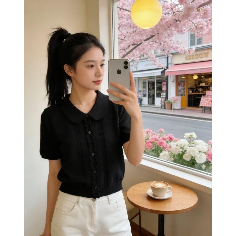 Sweet Wooden Ear Sleeve Short-Sleeved Knitted T-Shirt for Women - Summer New Design - Casual and Versatile Baby-Style Top