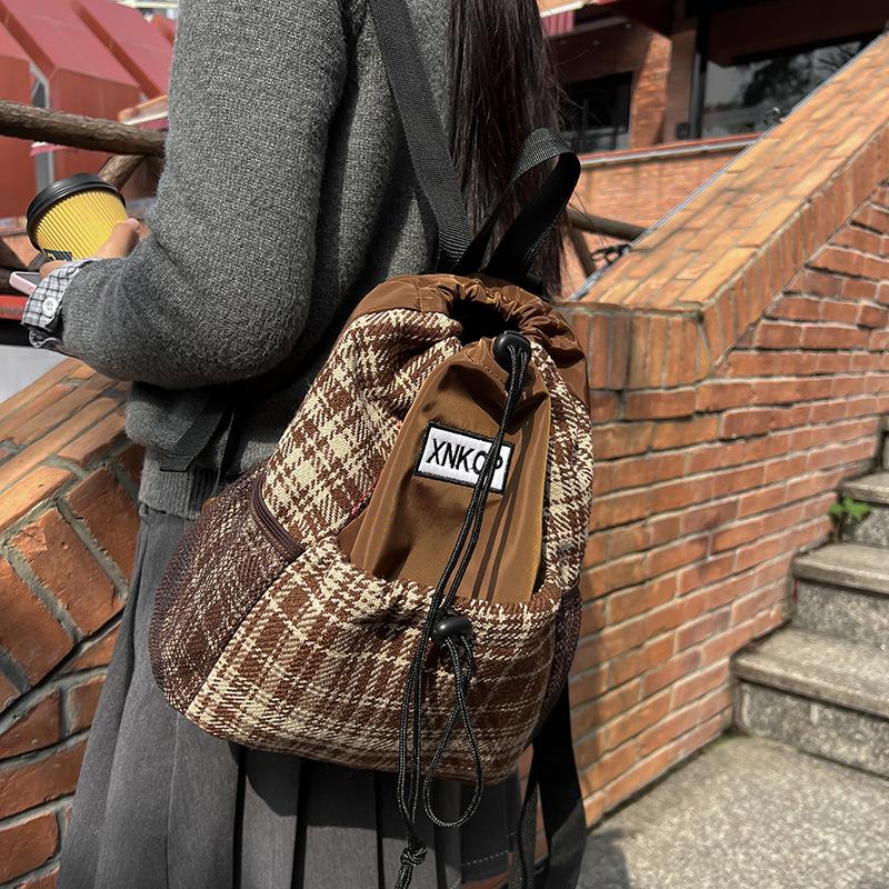 Woolen Plaid Drawstring Shoulder Bag Trendy Student Schoolbag Simple Personalized Backpack