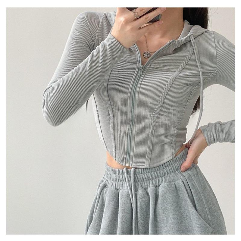 European and American Hooded Zipper Cardigan Women's Spring Retro Slim Fit and Slimming Sports Jacket Short Cut Exposed Navel Long Sleeved Top