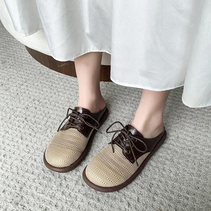 Women's Mules Round Toe Lace-up Cover Toe Flat Sole Women's Slippers Dress Daily Commute Retro Hollow Upper Zapatillas De Mujer