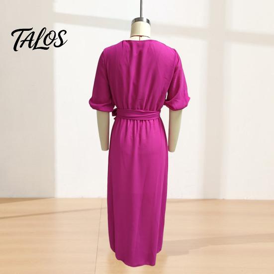 Women Casual Dress V- Neck Long for Summer Autumn, Solid Color Tie Waist A-Line Dress, Half Sleeves Swing Maxi Dresses