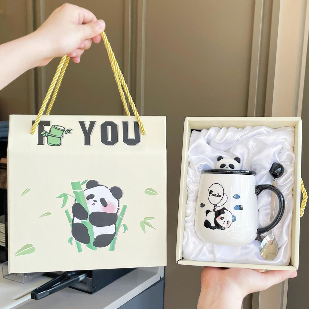 Becher mit Deckel und Löffel, neue Panda-Tasse, Souvenir-Keramikbecher, Kaffeetasse