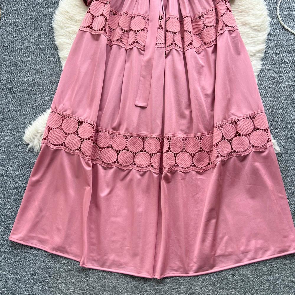 Retro Palace Style Dress for Women In Autumn and Winter A High-end Feel and Straps Waist Cinching Hollow Out Splicing Elegant Long Women Dress