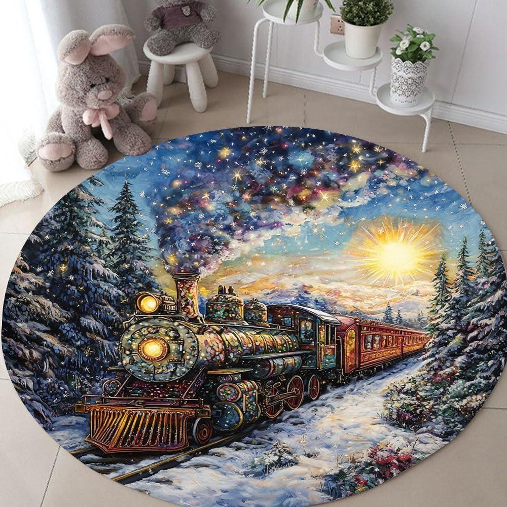 Colorful Mosaic Starry Sky Train Round Carpet Golden Sun Red Locomotive Forest Print Mat Dreamy Dazzling Glass Design Decor Rug