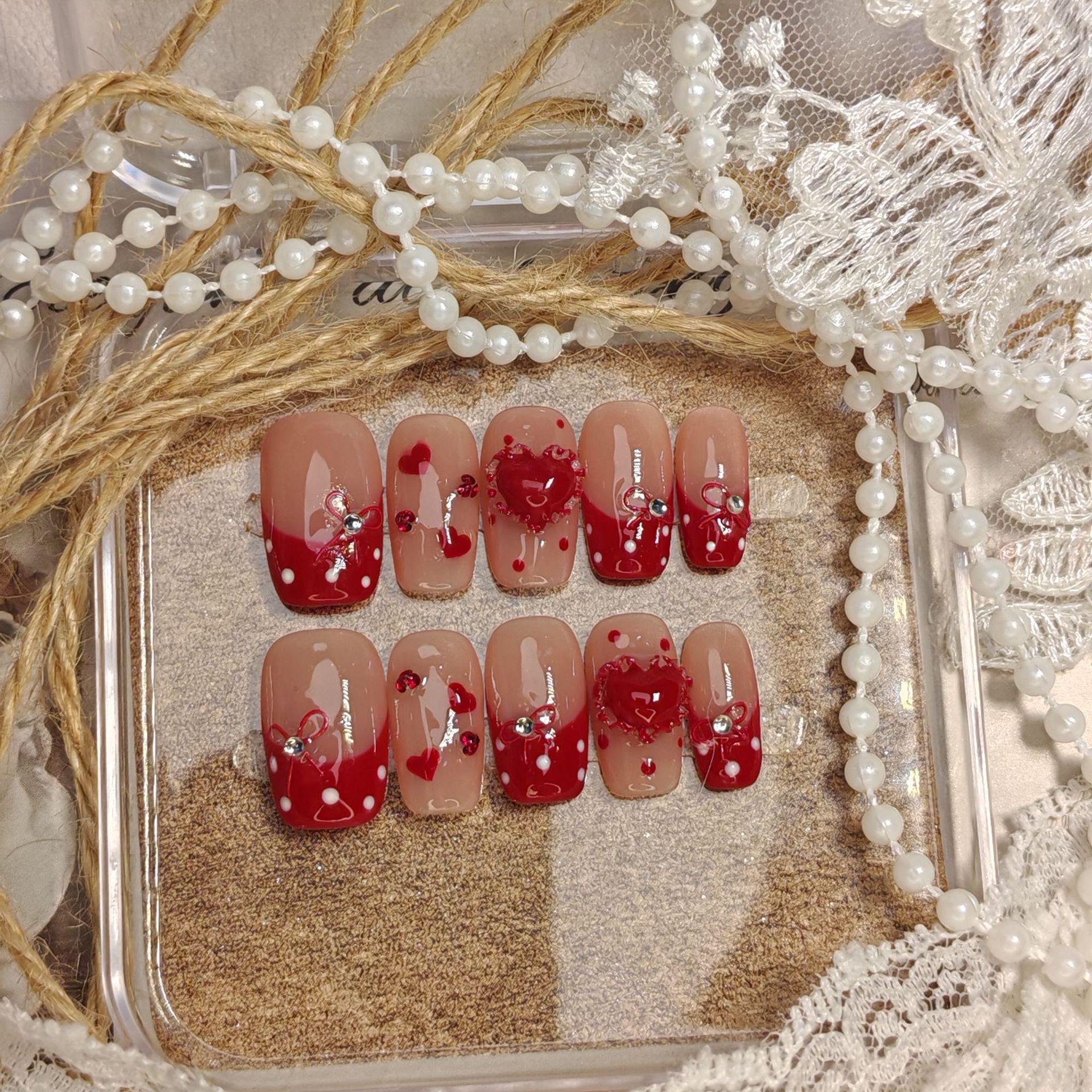 Cherry Red New Year Heart Bow French Wearable Nail Art New China Style - XS