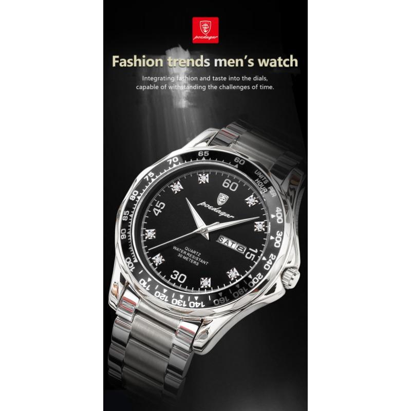 POEDAGAR Fashion Luxury Man Clock Waterproof Luminous Date Week Wristwatch Stainless Steel Quartz Business Watches for Men