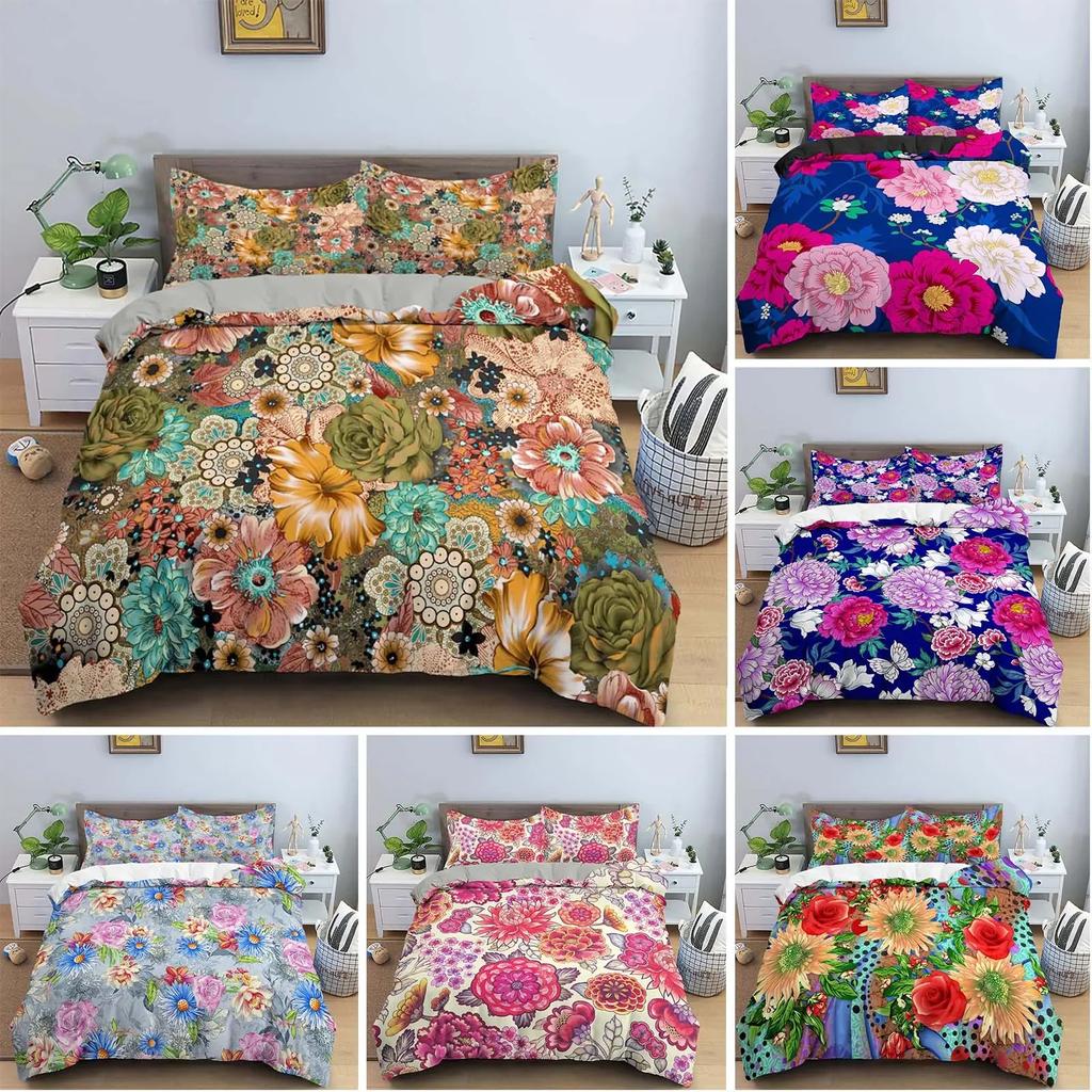 Vintage Květinový Král Královna Povlak na Peřinu Pivoňka Slunečnice Ložní Sada Tropický Květinový Povlak na Přikrývku Boho Polyesterový Povlak na Přikrývku
