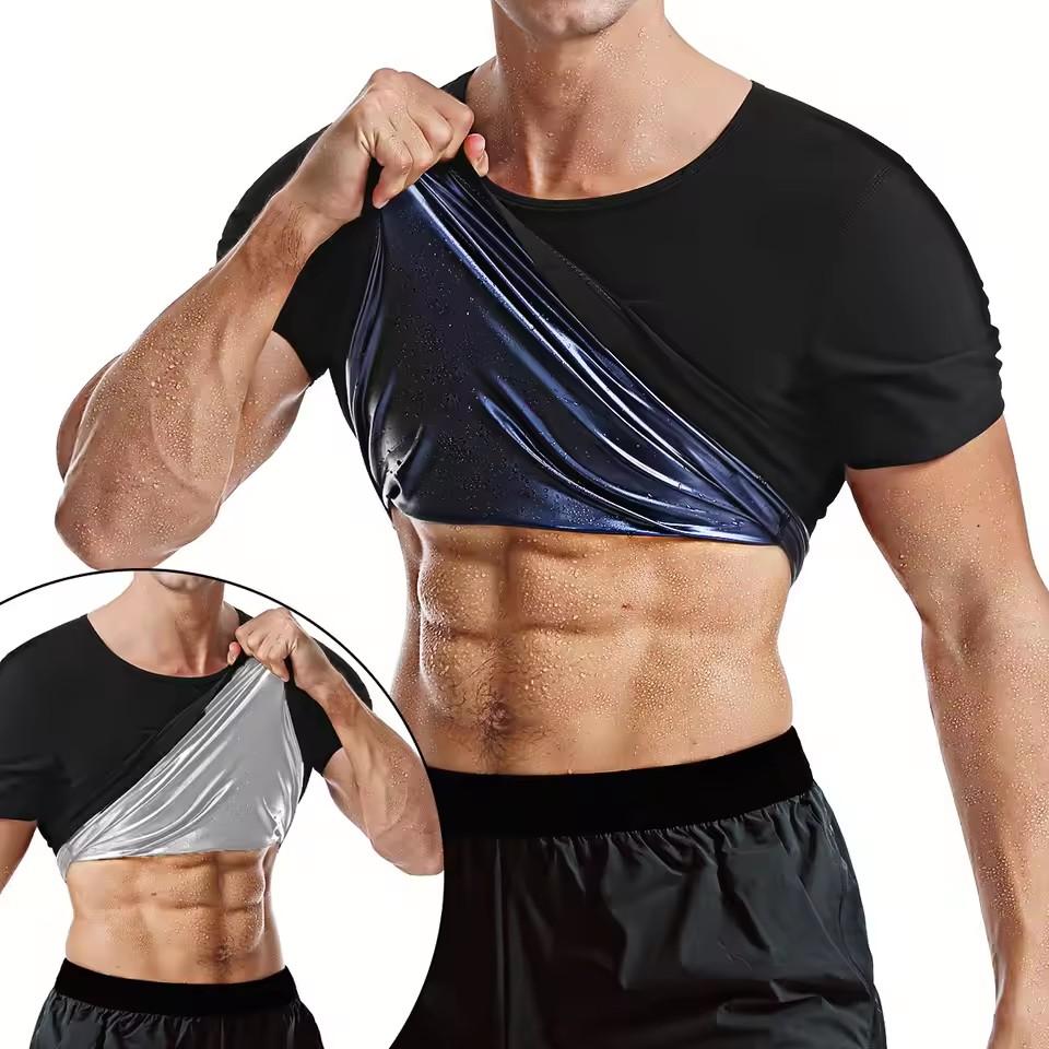 Maglietta Sauna da Uomo che Intrappola il Calore Top Sudorazione a Compressione Trainer Vita Modellante del Corpo per Allenamento in Palestra
