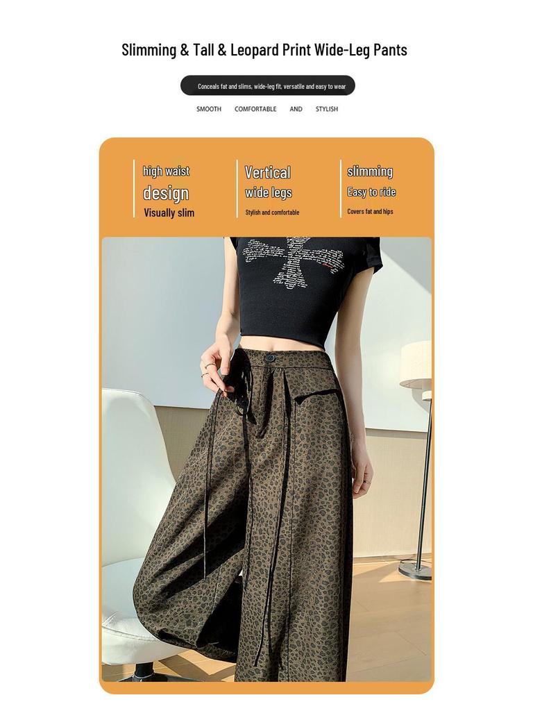 Damen Vintage High-Waist Locker Leopard Print Weite Hosen