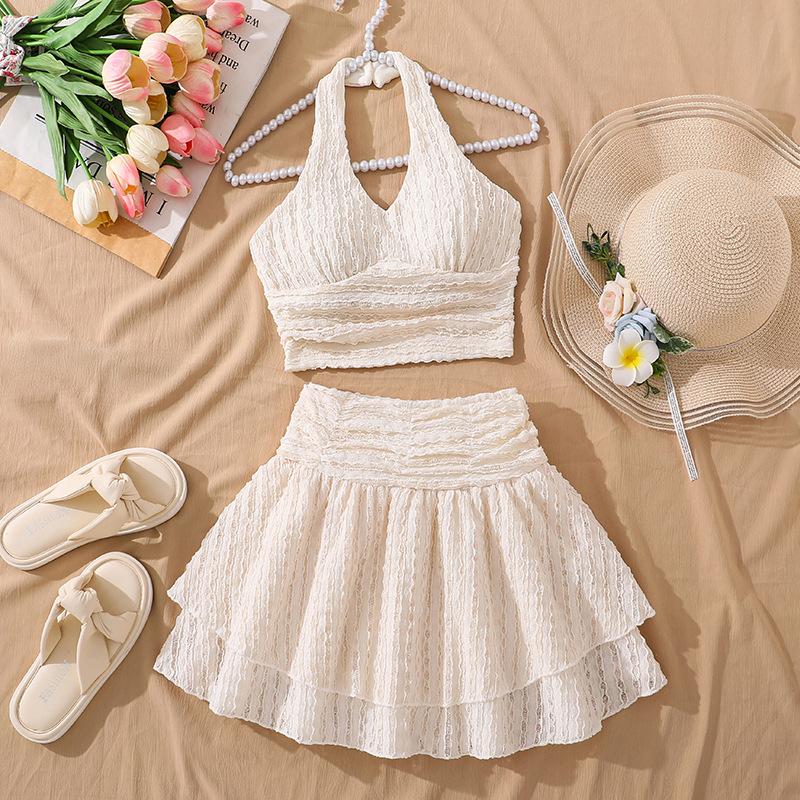 

Girls Fashionable Beige Set: Summer Sweet-Style Top and Skirt Set 130cm=8Y